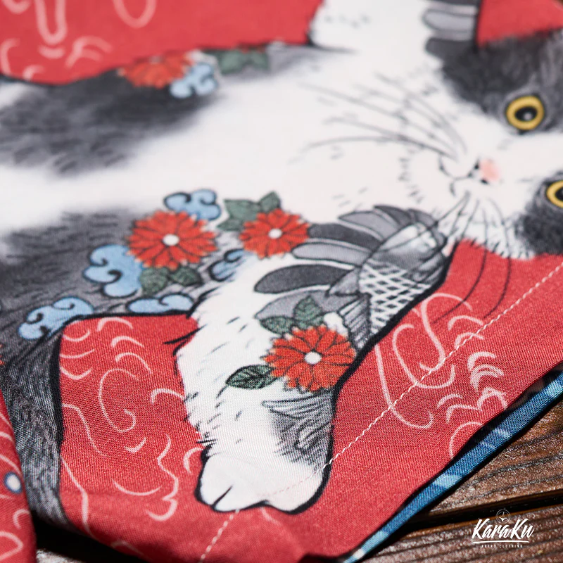 「KaraKuｘ365CAT.ART」神奈川沖浪裏・サーフィンするタトゥー猫 アロハシャツ - Image 8