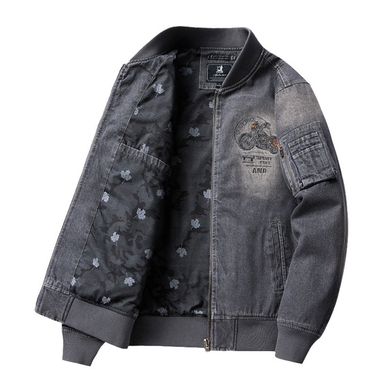 ユーズド加工 裏もみじ柄 バイク刺繡デニムフライトジャケット - Image 6