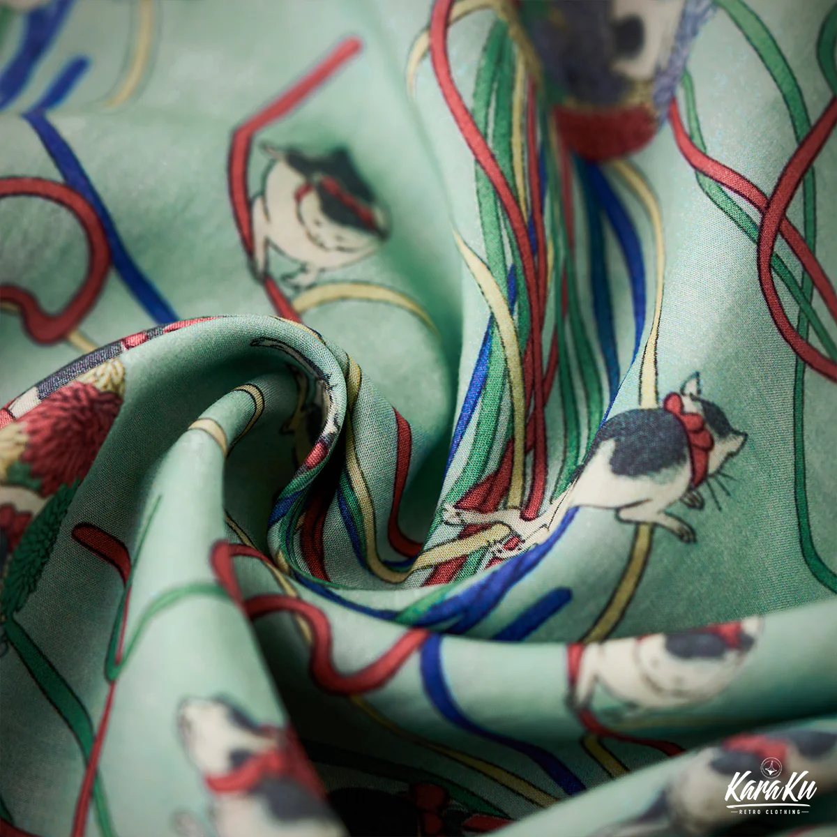 明治時代「猫・リボン・菊」浮世絵風テンセルアロハシャツ - Image 10