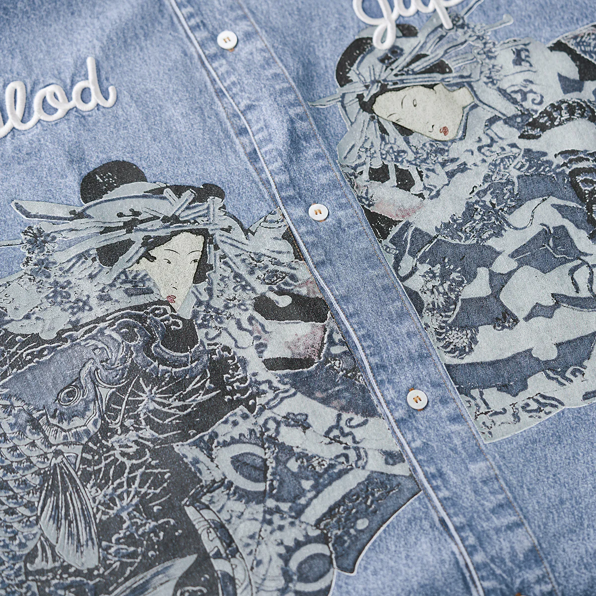 浮世絵プリント＆立体刺繍入り　ループ付きベースボールカラーデニムシャツ - Image 11