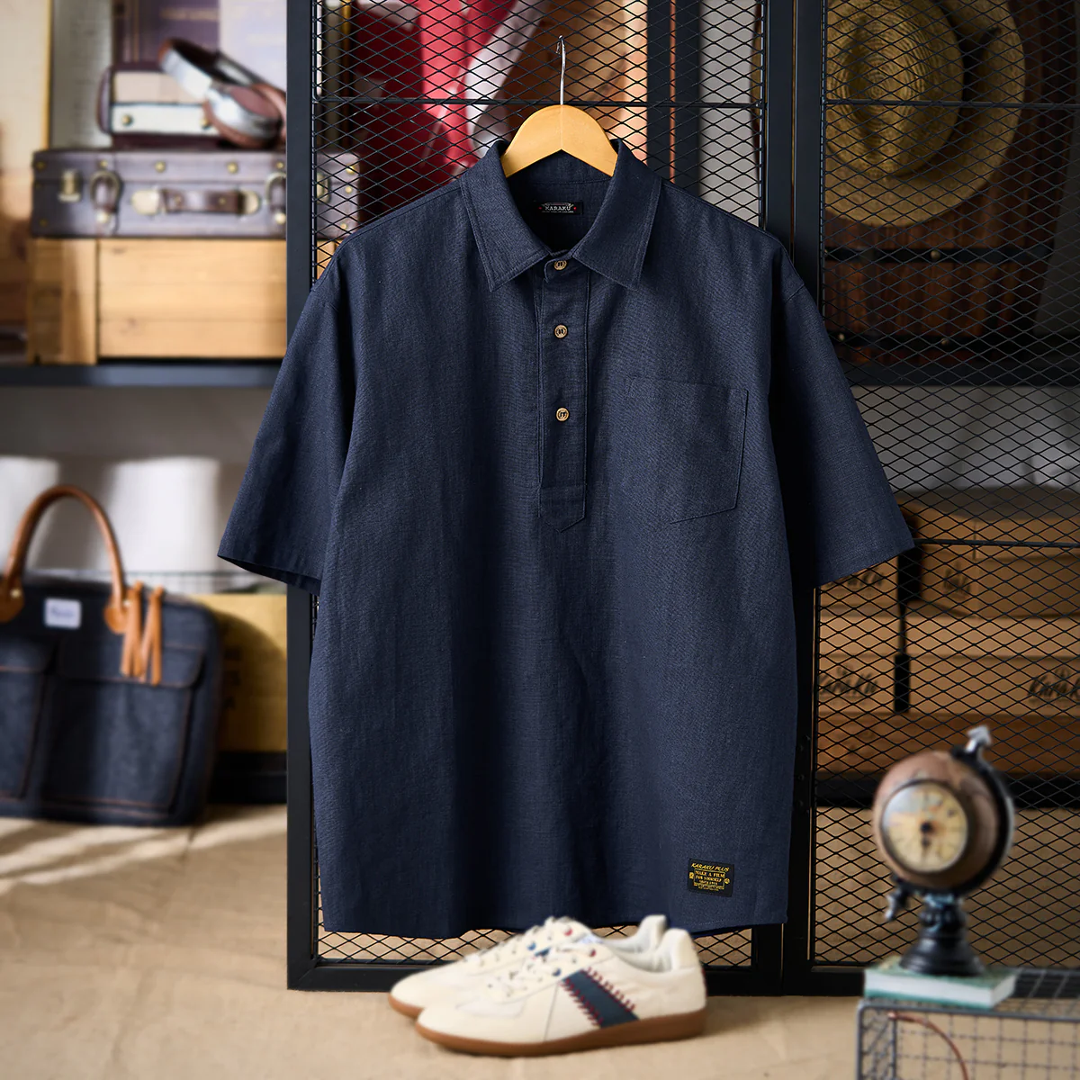 NAVY　ハーフボタンコットンリネンポロシャツ - Image 3