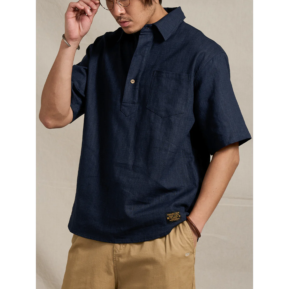 NAVY　ハーフボタンコットンリネンポロシャツ - Image 8