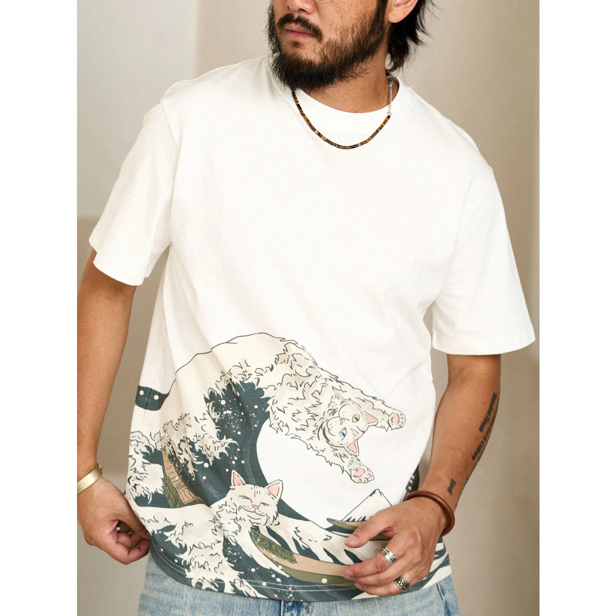 『神奈川沖浪裏と波乗り猫』浮世絵風コットンTee - Image 6