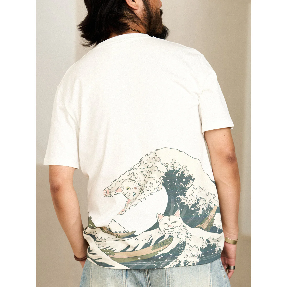『神奈川沖浪裏と波乗り猫』浮世絵風コットンTee - Image 7