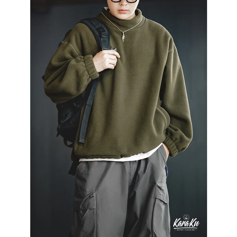 ドローコード付き　ポーラーフリースミッドカラー無地スウェット - Image 7