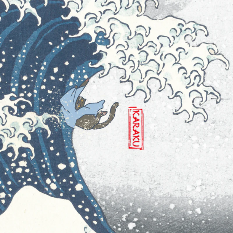 「神奈川沖浪裏・波乗りの猫と犬」浮世絵風アロハシャツ - Image 15