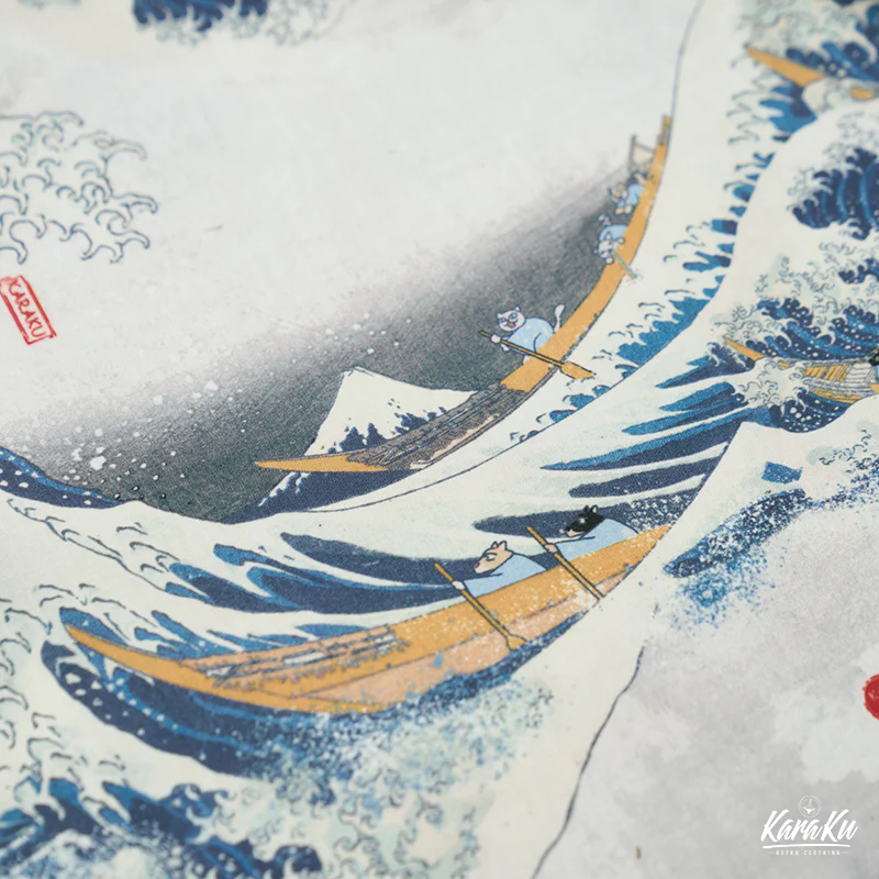 「神奈川沖浪裏・波乗りの猫と犬」浮世絵風アロハシャツ - Image 16