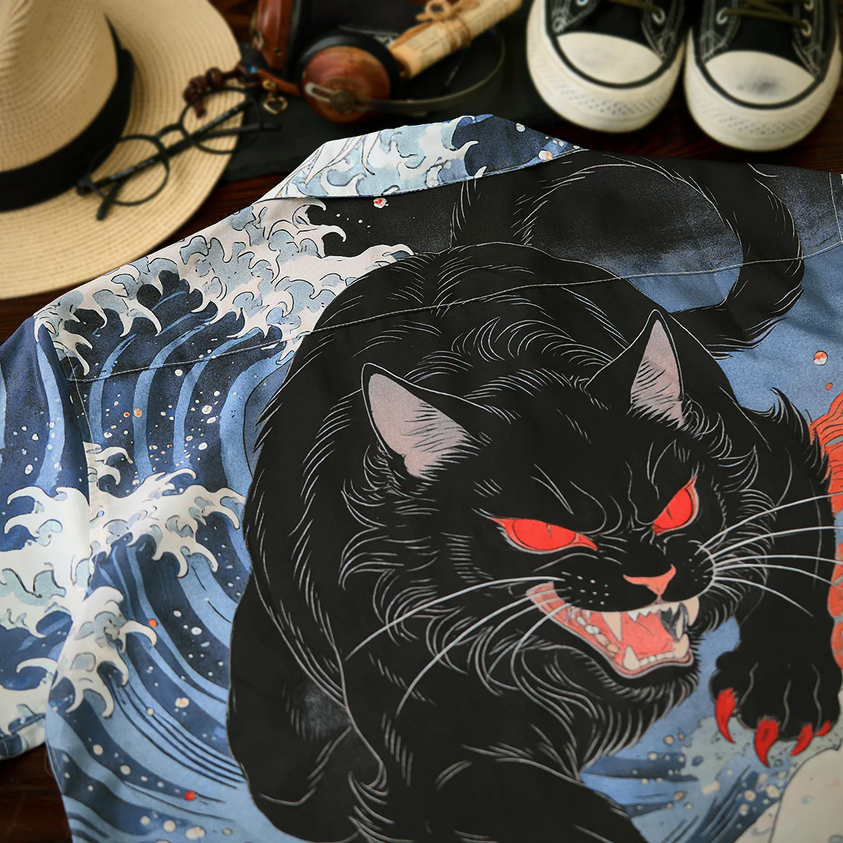「沖浪裏・踏波化け猫」前後アシンメトリープリントオープンカラーシャツ - Image 7